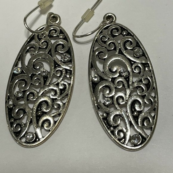 silver tone openwork scroll dangle hook earrings Filigree Rhinestone - Picture 3 of 7